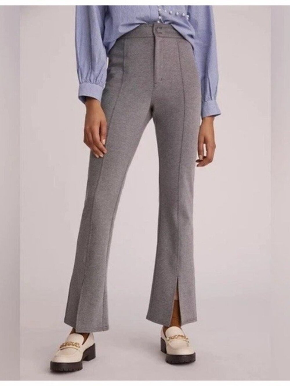 Maeve by Anthropologie Size 6 Gray  Seamed Flare Pants Ankle Slit Knit Tweed